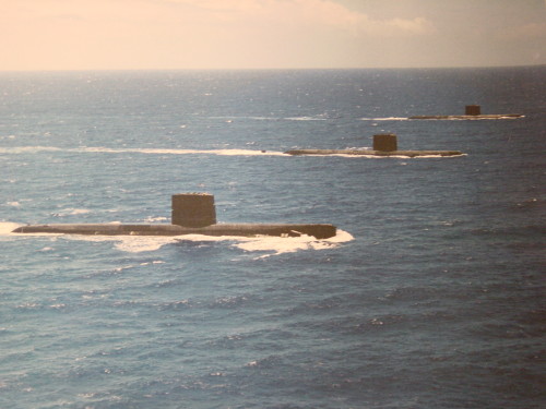 The 'S' Girls (L to R) USS Swordfish (SSN579) , USS Sargo (SSN583) Rich Talipsky on bridge, and USS Sea Dragon (SSN584) steam off Pearl Harbor, HI (Circa 1974)