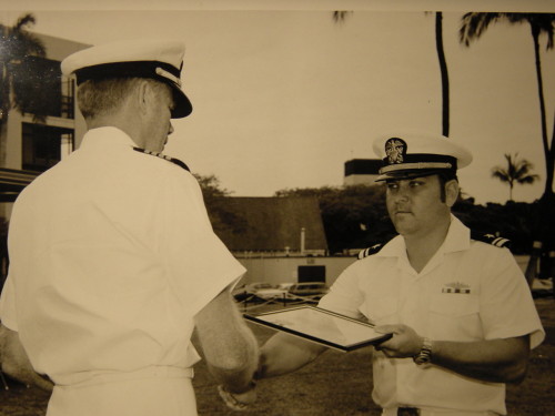 CAPT Rich Talipsky, USN (Ret) (Then LTJG) Receives commendation from CAPT Robert Chewning for service during USS Sargo (SSN583) Western Pacific deployment. (Circa 1972)